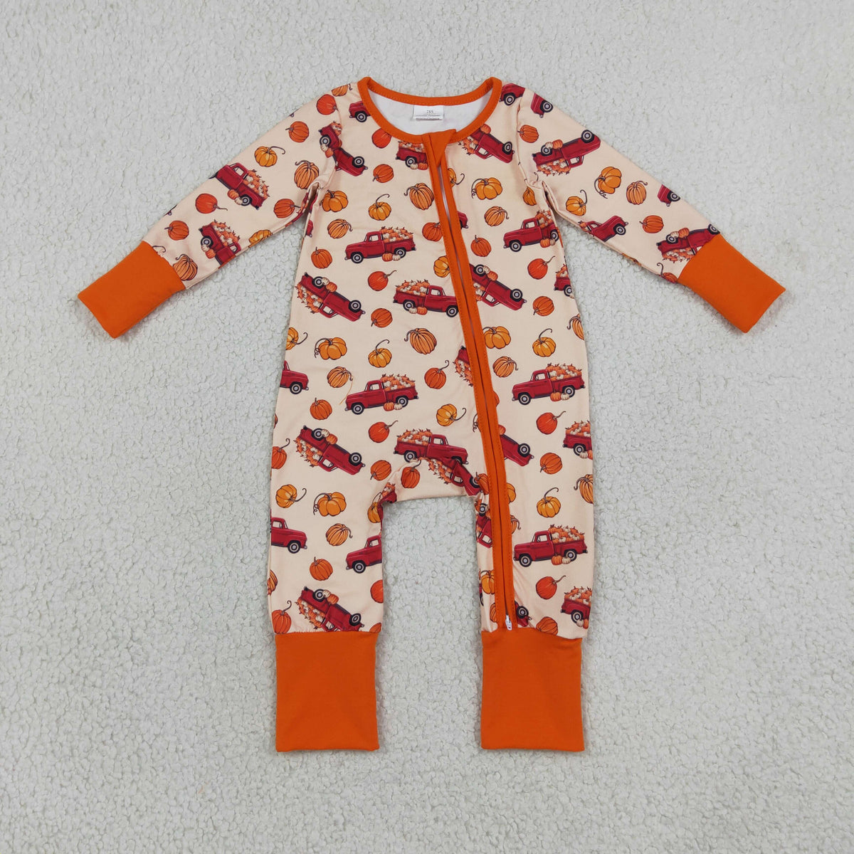 LR3234 Pumpkin Truck Zipper Long Sleeve Boys Romper