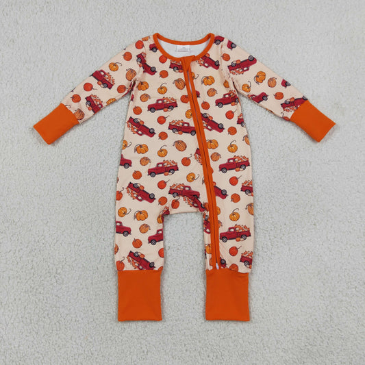 LR3234 Pumpkin Truck Zipper Long Sleeve Boys Romper