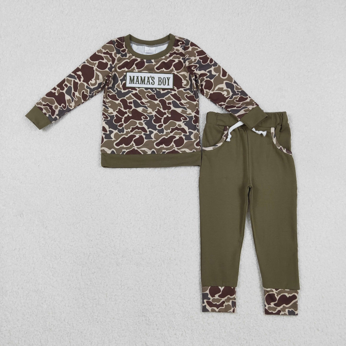 Embroidery BLP1330 mama's boy hunting camo long sleeve pants boys set