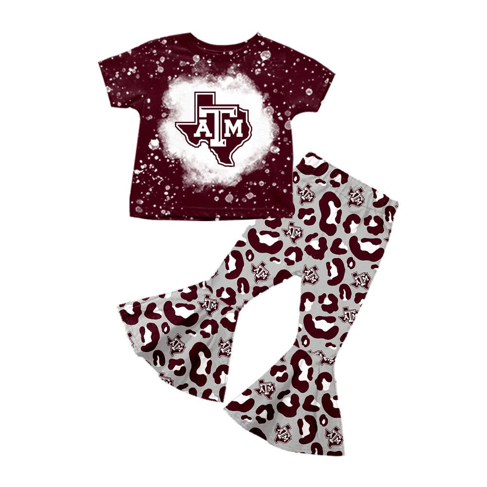 custom S Team maroon short sleeve leopard pants girls set