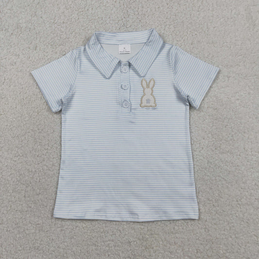 Embroidery BT1708 Easter Rabbit Blue Striped Short Sleeve Boys Top