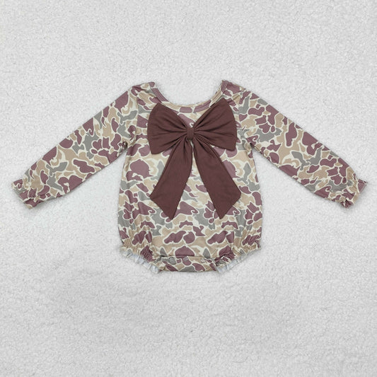 LR2034 green camo brown bow long sleeve girls romper