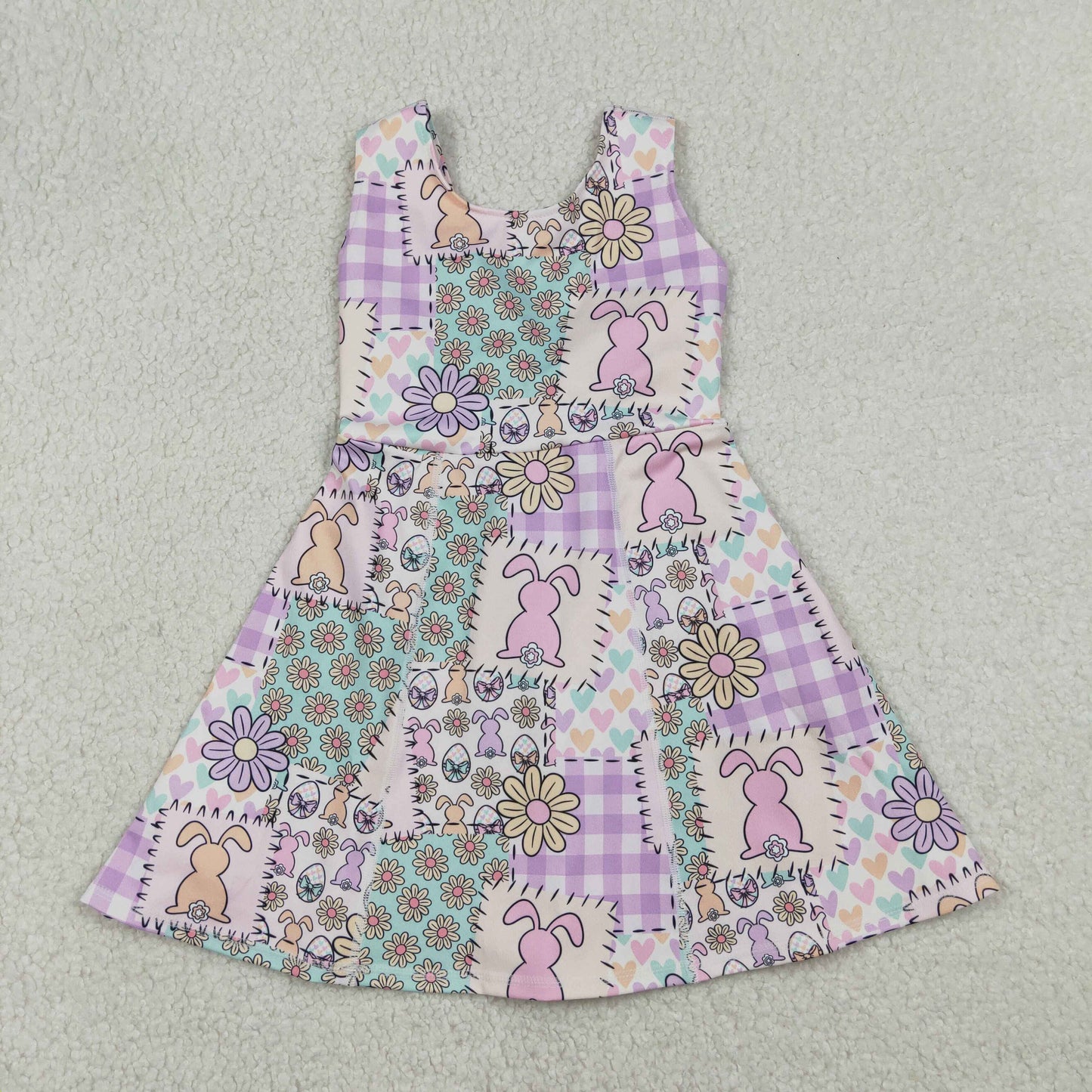 GSD3051 Yoga Easter Purple Bunny Rabbit Flowers Sleeveless Skorts Girls Dress