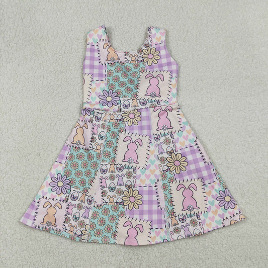 GSD3051 Yoga Easter Purple Bunny Rabbit Flowers Sleeveless Skorts Girls Dress