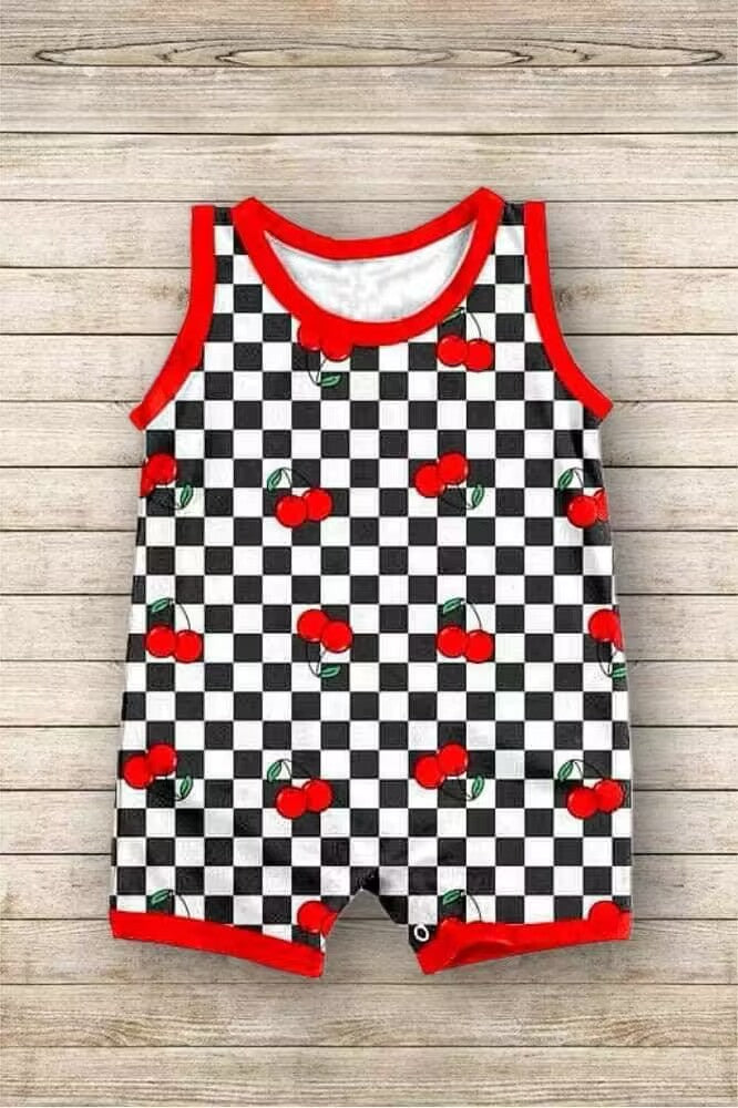 custom style red cherry black checkered sleeveless boys romper