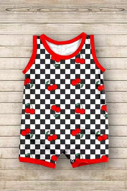 custom style red cherry black checkered sleeveless boys romper