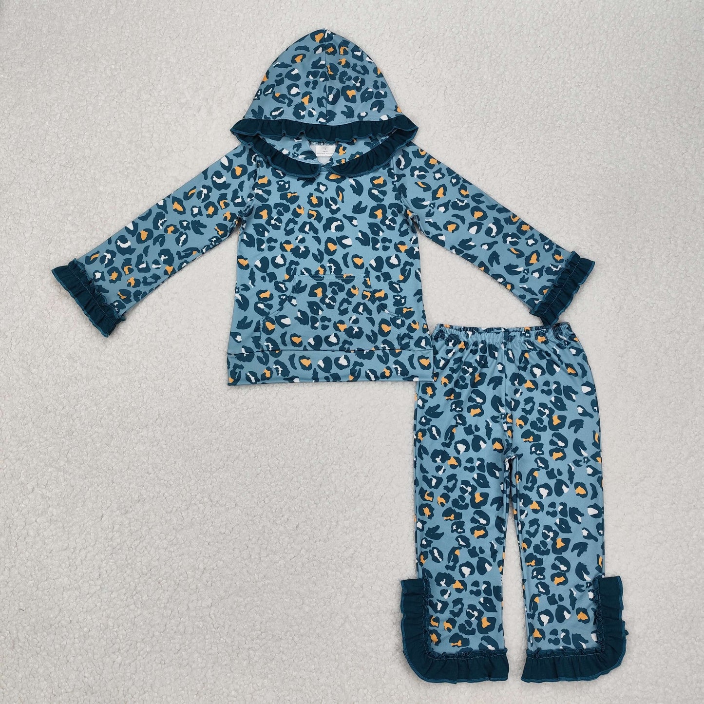 GLP2239 leopard dark green pocket hoodie long sleeve pants girls pajamas