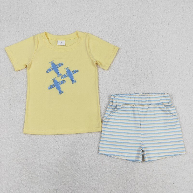 BSSO0696 embroidery Plane yellow short sleeve green yellow striped shorts boys set