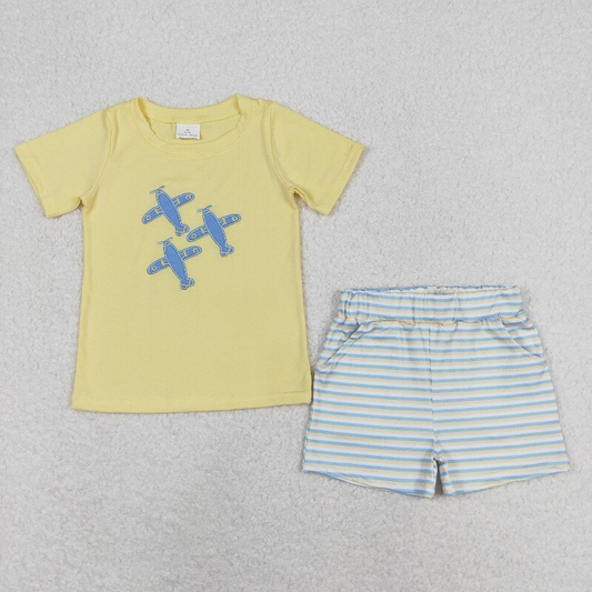 BSSO0696 embroidery Plane yellow short sleeve green yellow striped shorts boys set