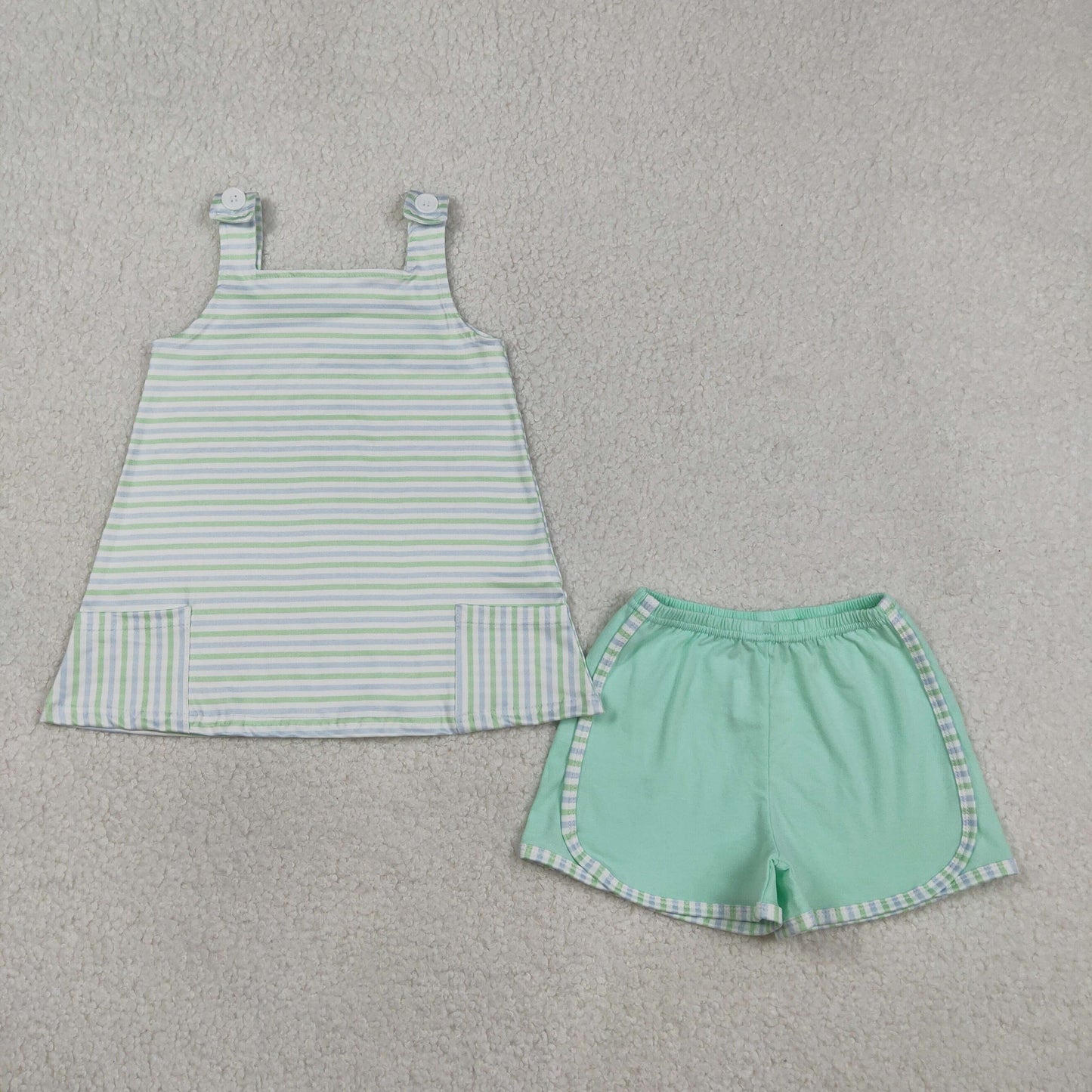 GSSO3110 Green Striped Sleeveless Shorts Girls Set