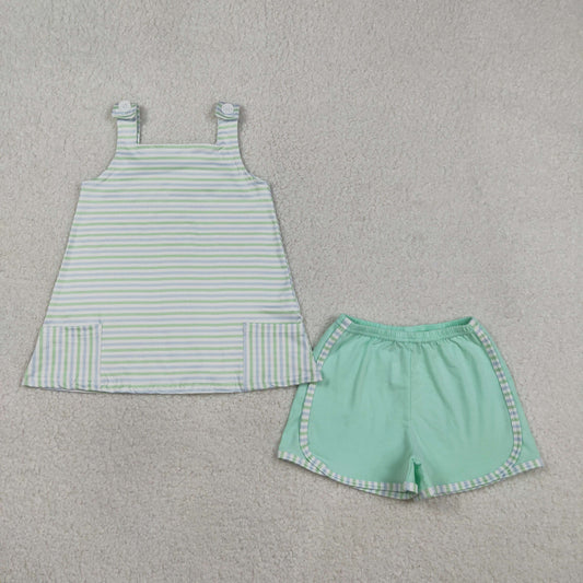GSSO3110 Green Striped Sleeveless Shorts Girls Set