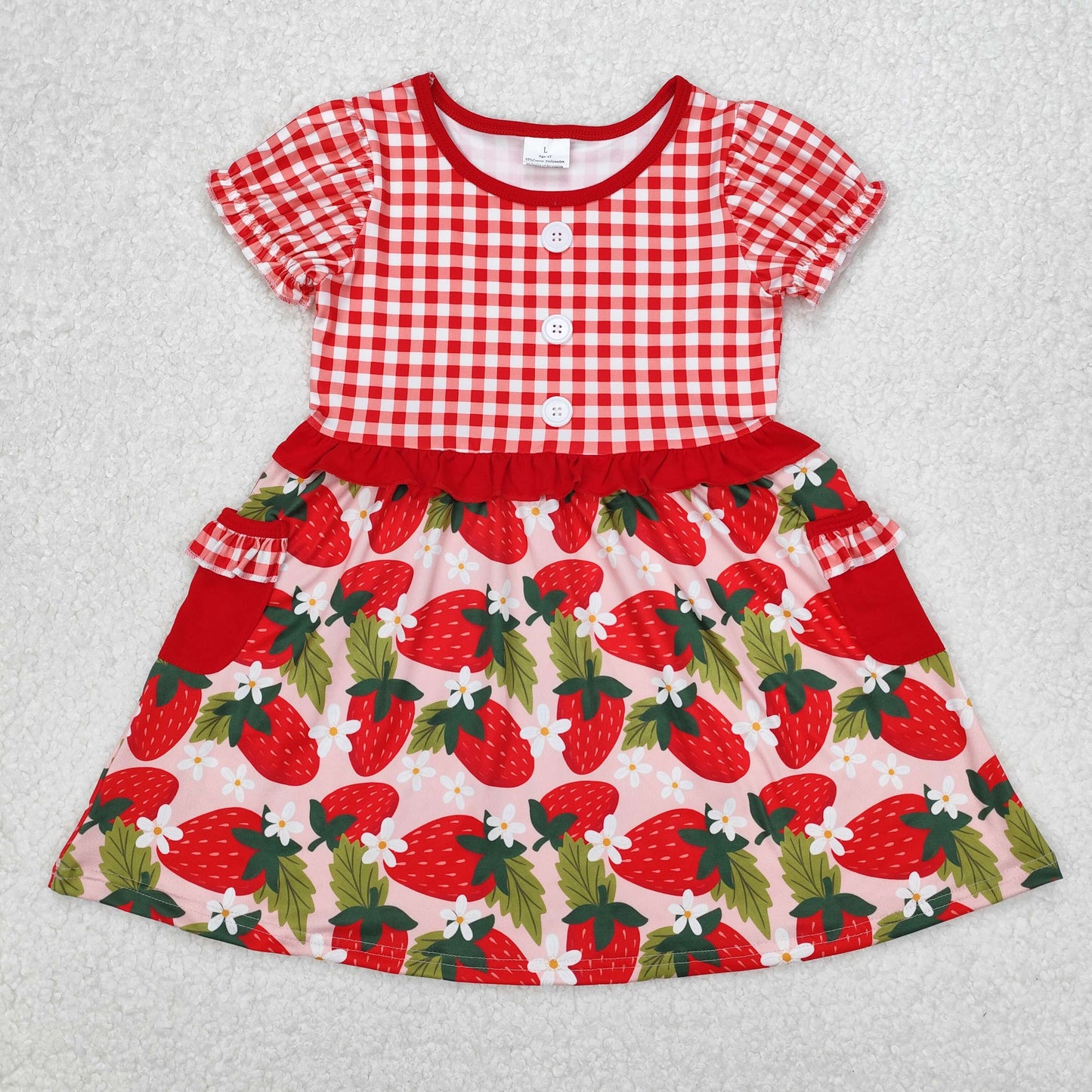 GSD1612 red strawberry flowers checkered short sleeve girls dress