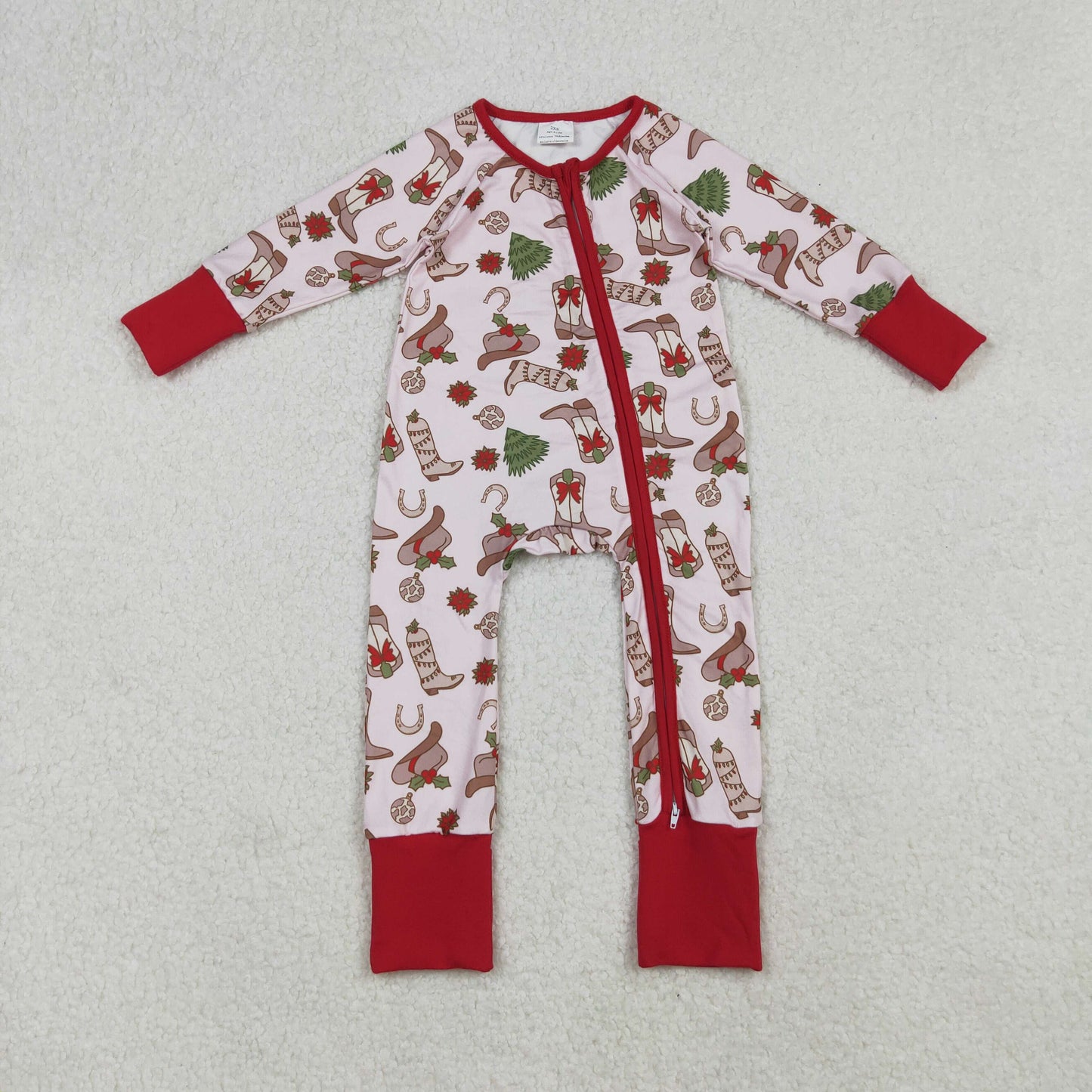 LR2584 Western Christmas boots tree pink red zipper long sleeve girls romper