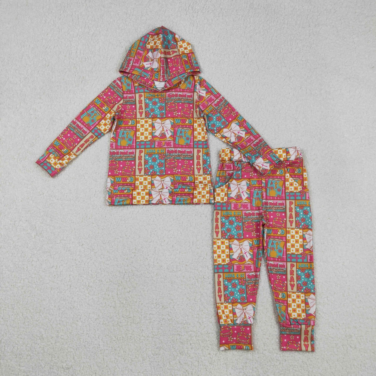 GLP2891 Easter cross flowers bows pray hot pink hoodie long sleeve pants girls set