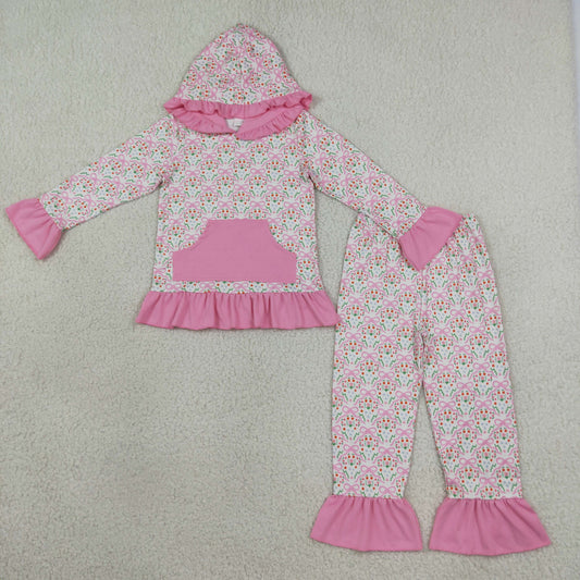 GLP3520 Flowers Bows Pocket Hoodie Long Sleeve Pants Girls Set