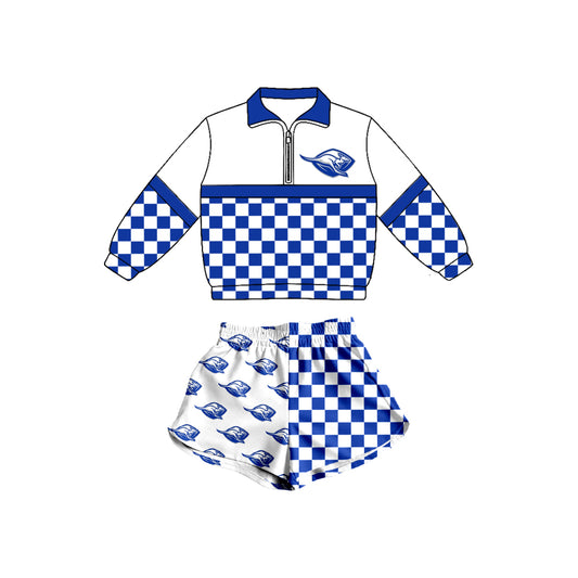 Custom Moq 3 Team Blue Checkered Zipper Long Sleeve Shorts Adult Women Set