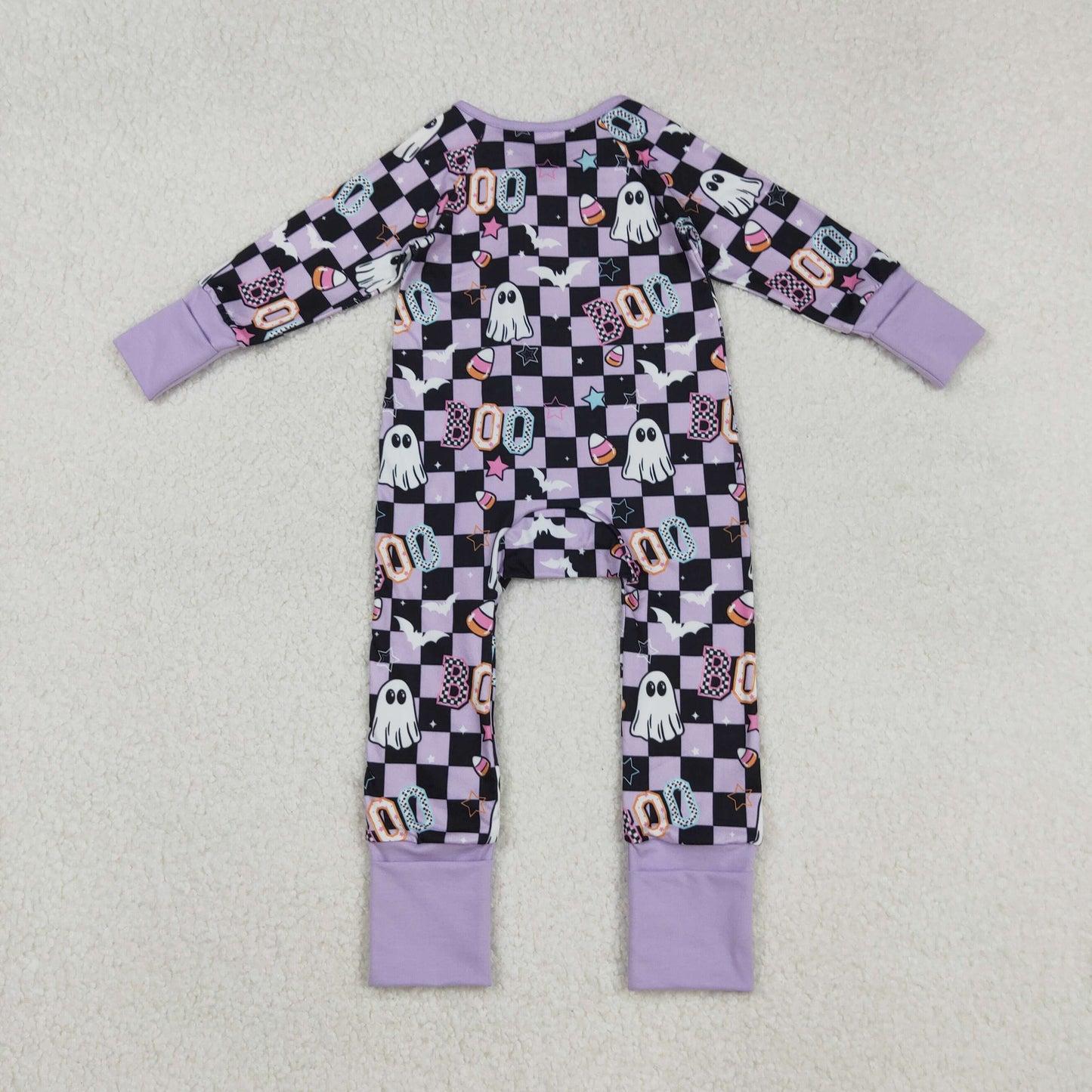 LR2541 Halloween spooky BOO purple black checkered zipper long sleeve girls romper