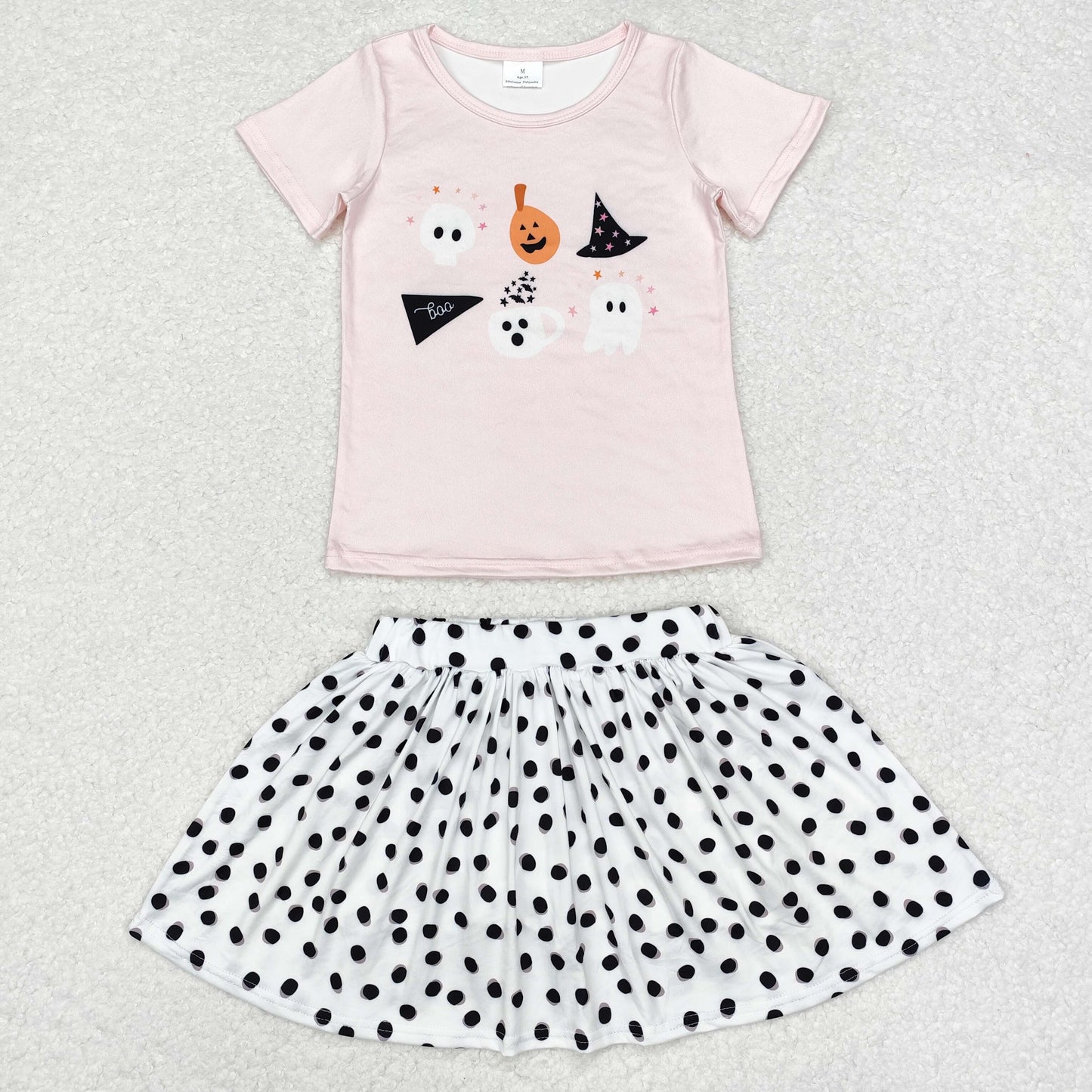 GSD1407 Halloween spooky pumpkin pink short sleeve black dot skirt girls set