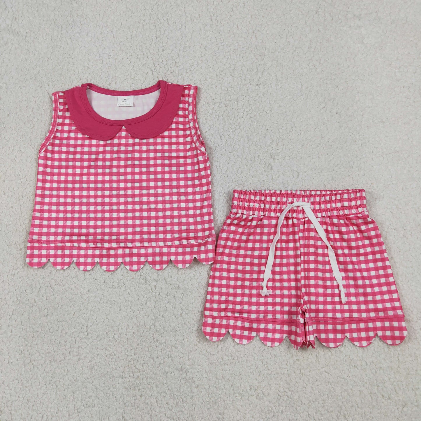 GSSO3395 Scallop Hot Pink Checkered Sleeveless Shorts Girls Set