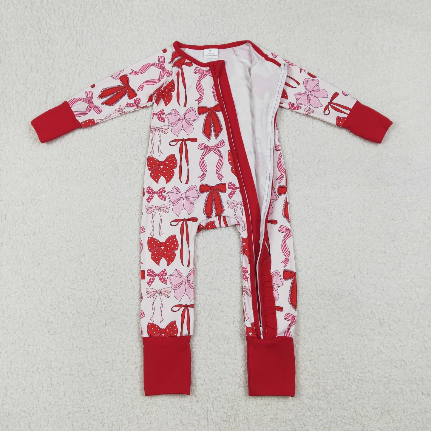 LR2780 red pink bows long sleeve zipper girls romper