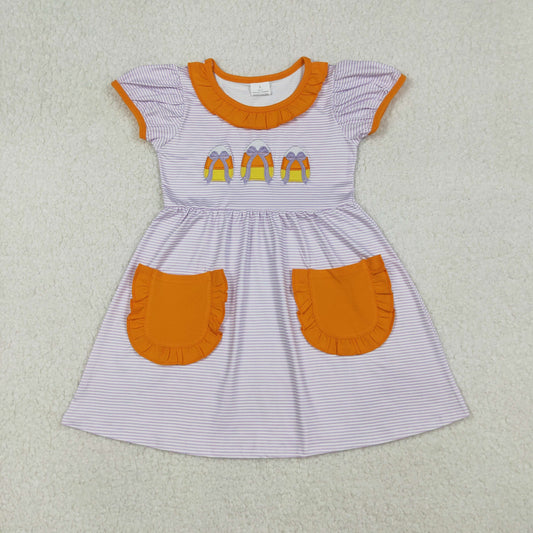embroidery GSD2791 Halloween corn candy bows purple striped pockets short sleeve girls dress