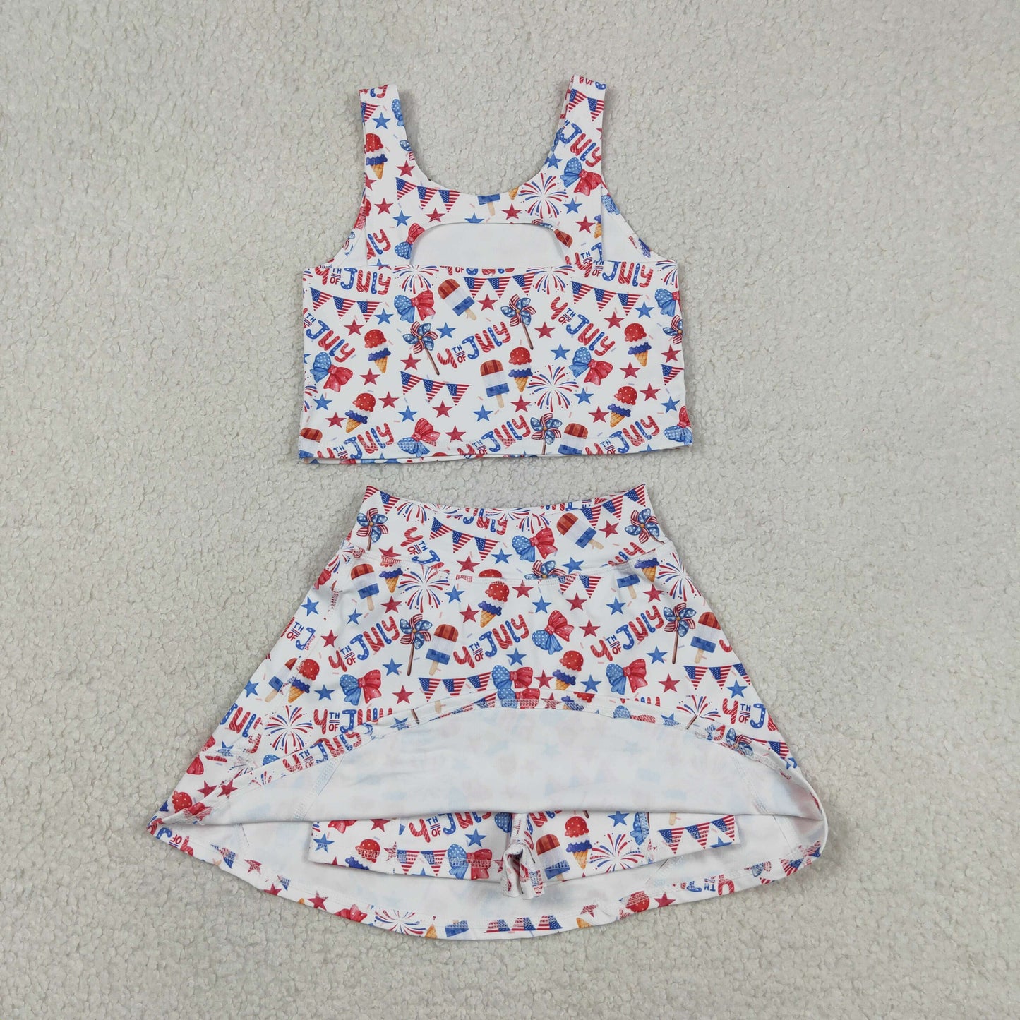 GSD3498 Yoga July 4th USA Bows Ice Sleeveless Skorts Girls Set