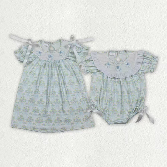 Smocked Embroidery Bows Flowers Dress/Romper Sibling Clothes RTS