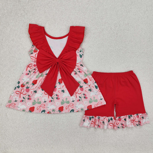 GSSO1914 Rabbit Strawberry Flowers With Bow Red Shorts Girls Set