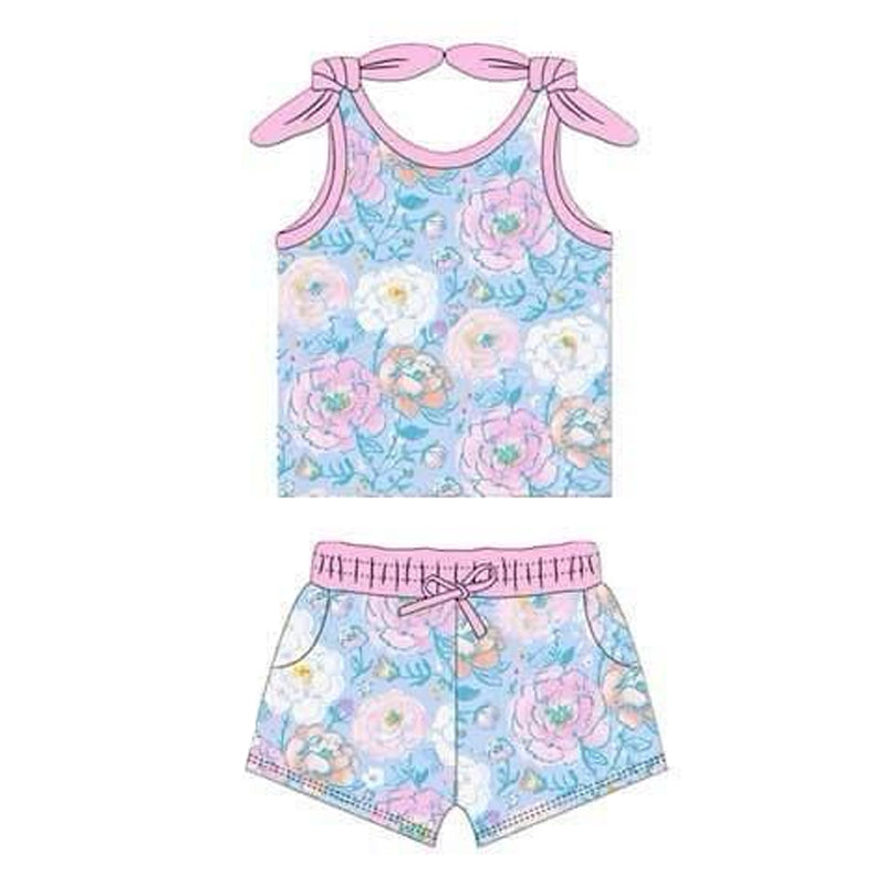 preorder pink flowers blue Summer sleeveless shorts girls set