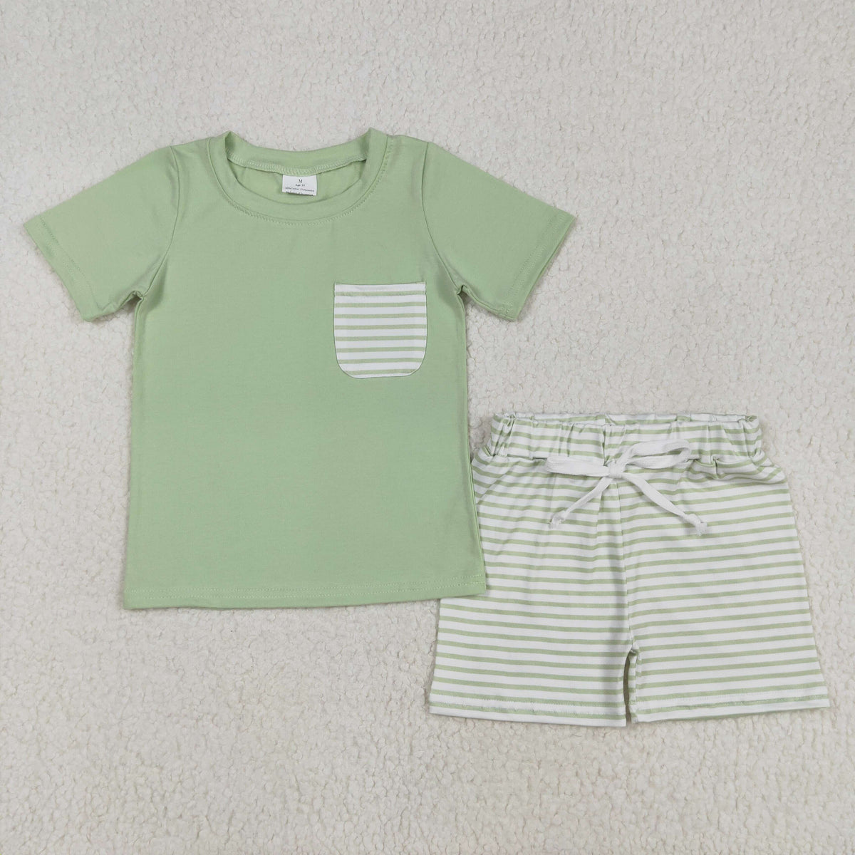 BSSO1103 Green pocket short sleeve green striped shorts boys set