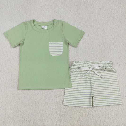 BSSO1103 Green pocket short sleeve green striped shorts boys set