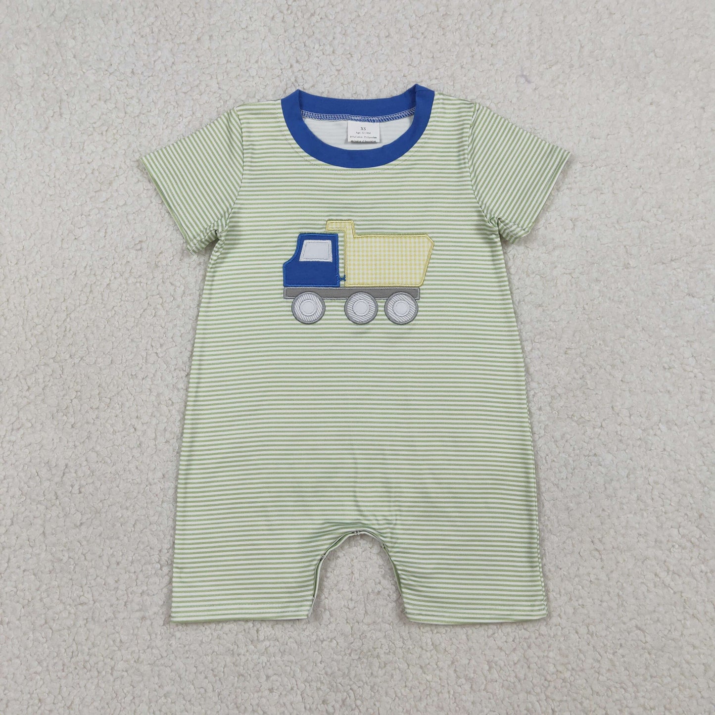 Embroidery SR3893 Construction Truck Striped Short Sleeve Boys Romper