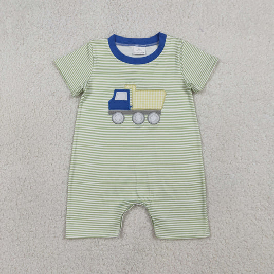 Embroidery SR3893 Construction Truck Striped Short Sleeve Boys Romper