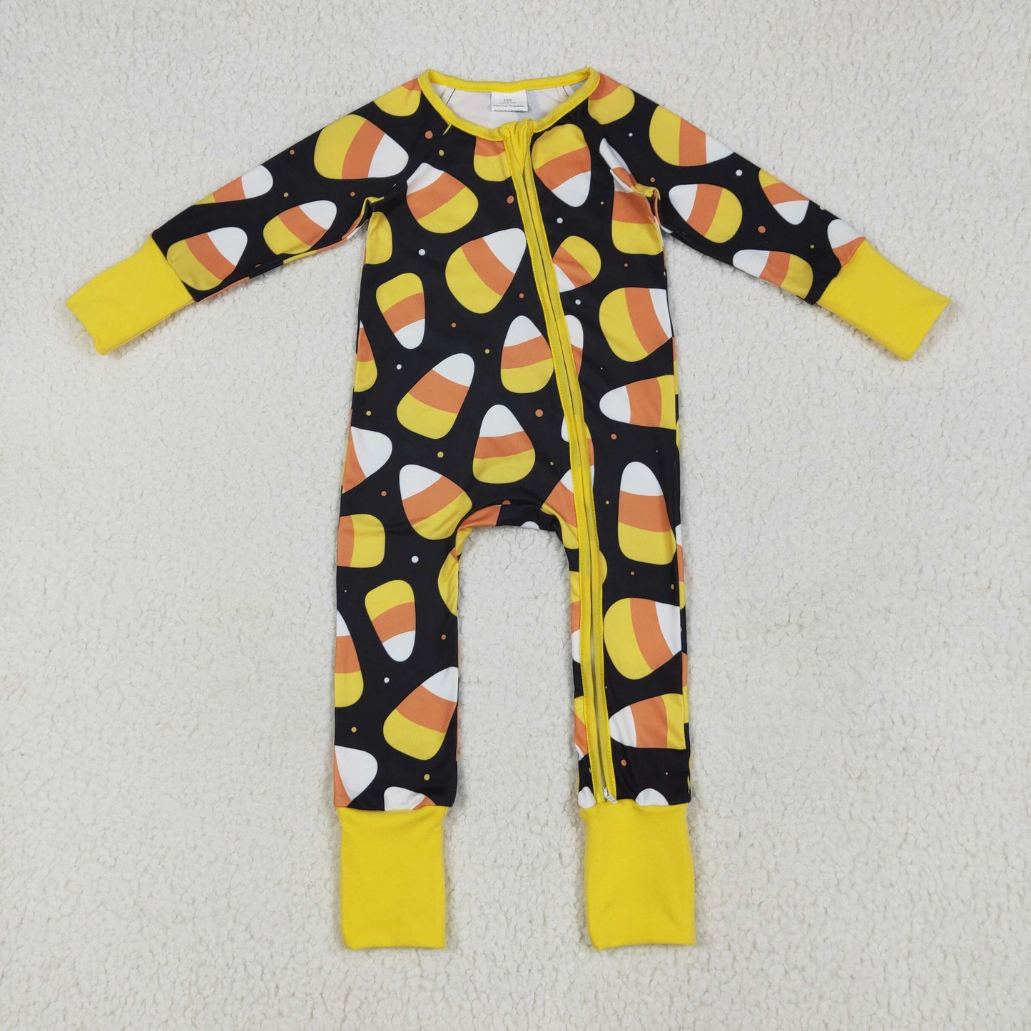 Custom moq 20 bamboo Hallooween candy black long sleeve zipper boys romper