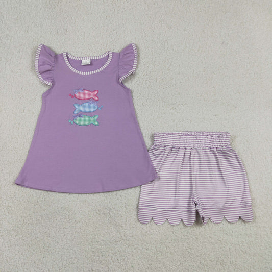 Embroidery GSSO3242 Fishing Purple Flutter Sleeve Shorts Girls Set