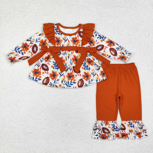 GLP1607 football flowers long sleeve orange pants girls set