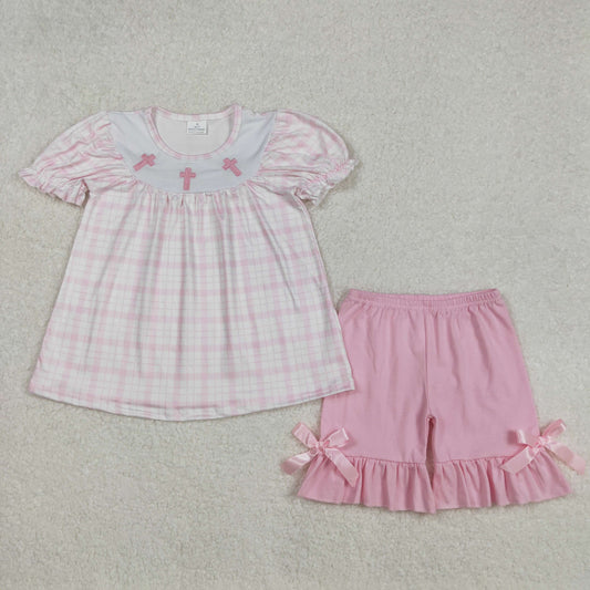 embroidery GSSO1855 Easter cross pink checkered short sleeve pink shorts girls set