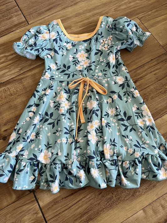 Preorder GSD0799 White Flowers Blue Short Sleeve Girls Dress