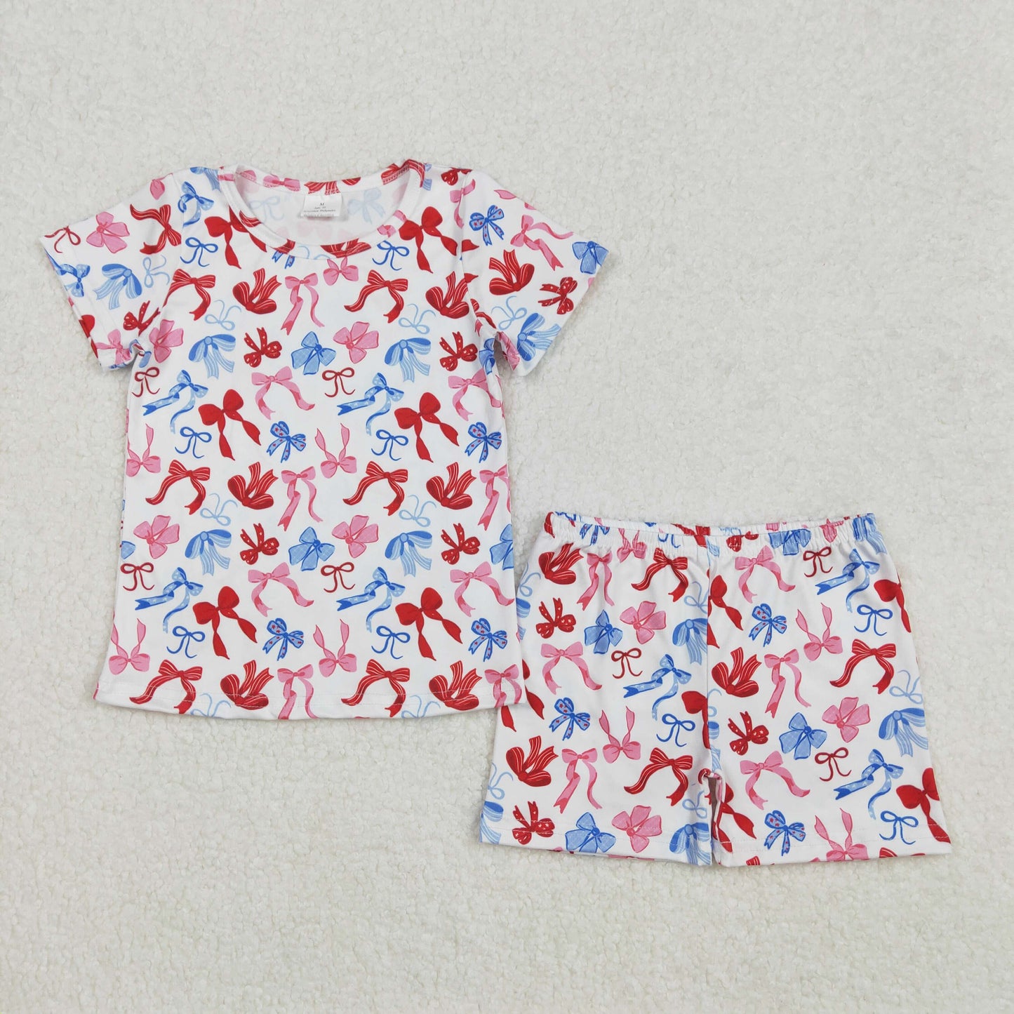 GSSO1992 July 4th red blue bows short sleeve shorts girls set