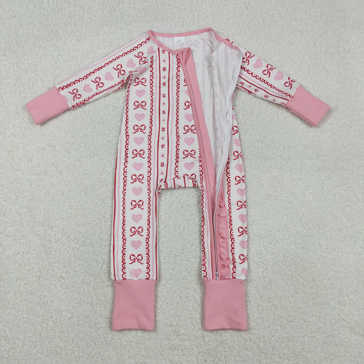 LR2781 red pink bows heart long sleeve zipper girls romper