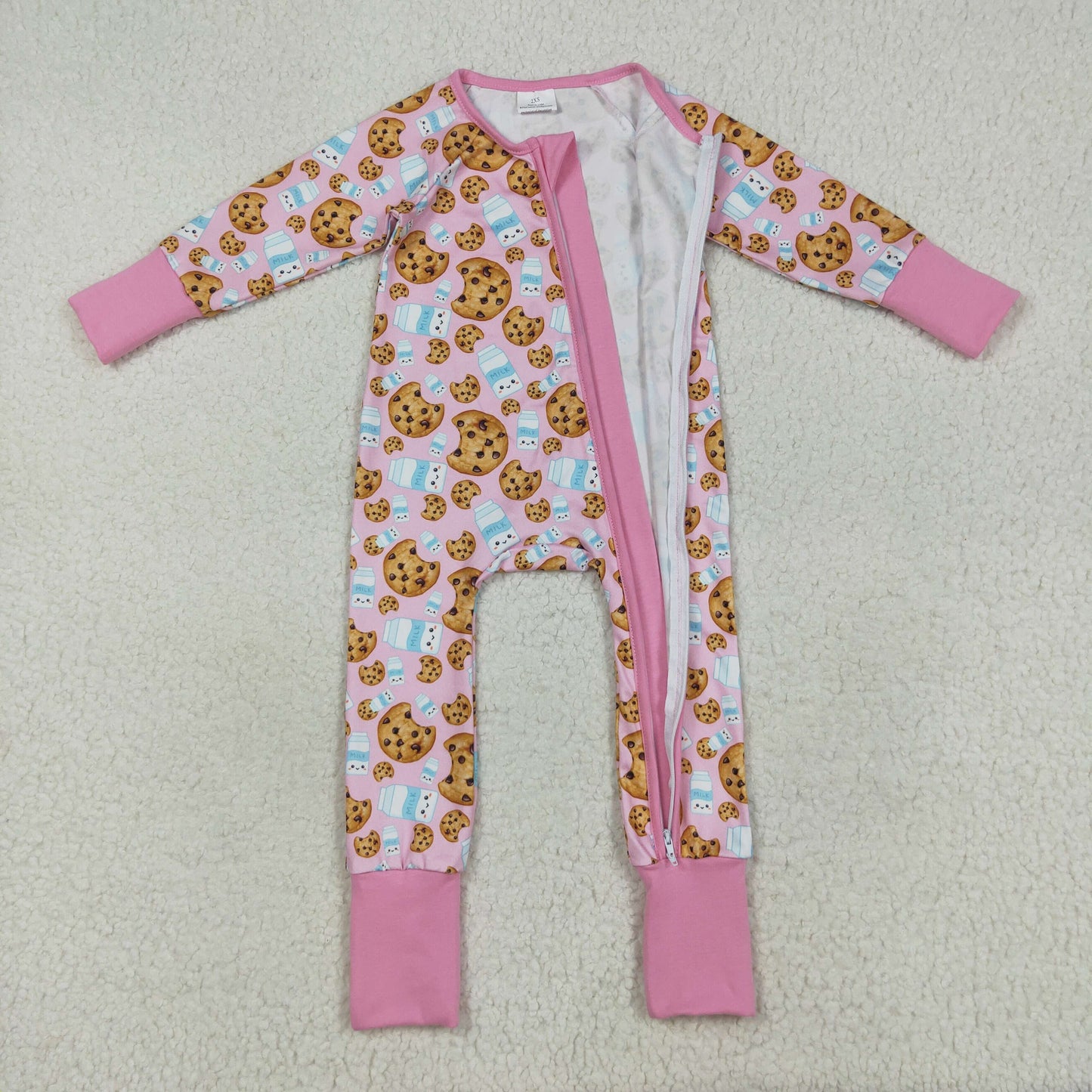 Custom moq 20 bamboo Christmas cookie milk pink long sleeve zipper girls romper