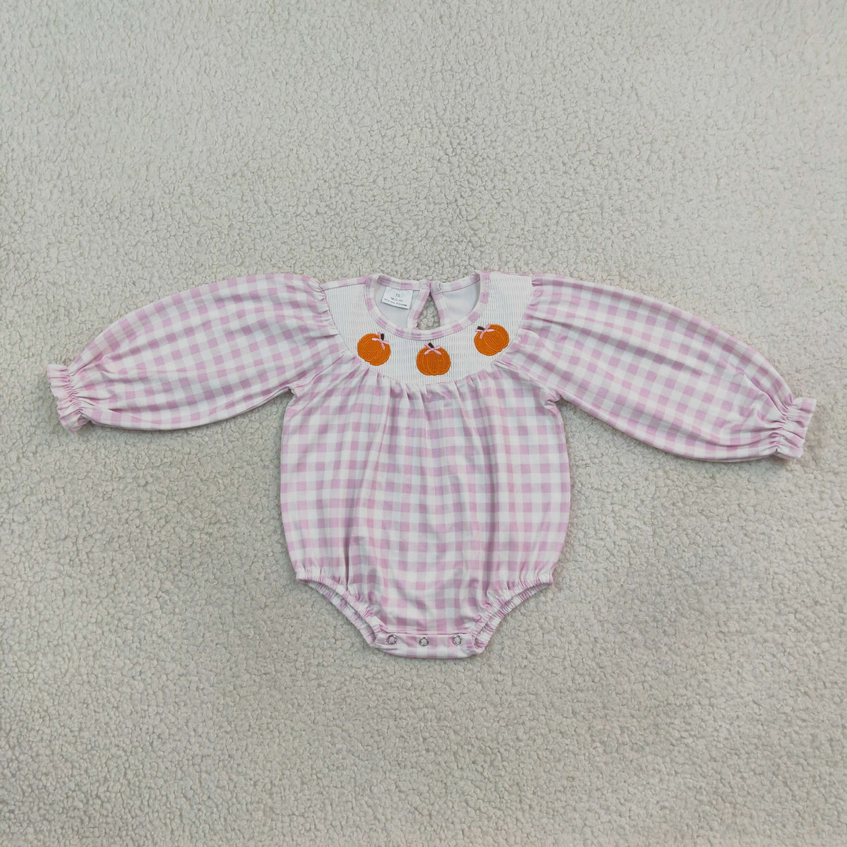 LR3106 Embroidery Smocked Pumpkin Checkered Long Sleeve Girls Romper