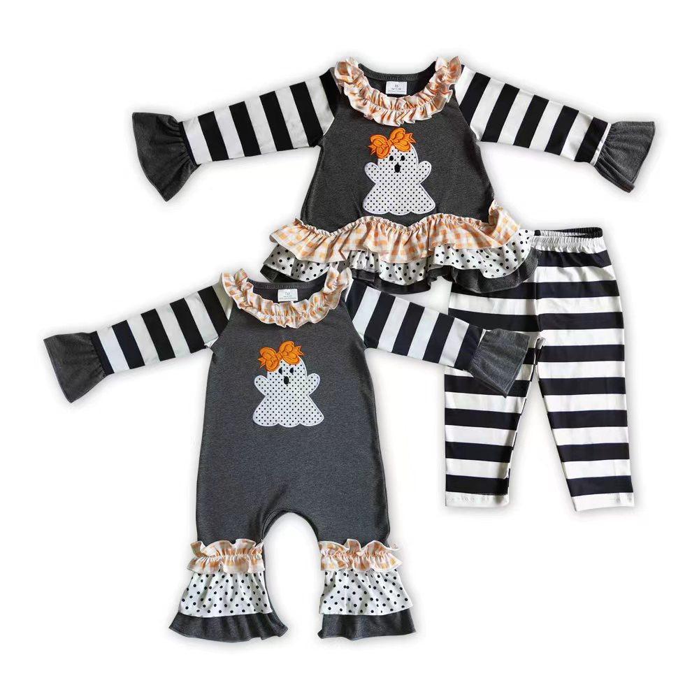 embroidery Halloween spooky black ruffles romper/pajamas RTS Sibling Clothes