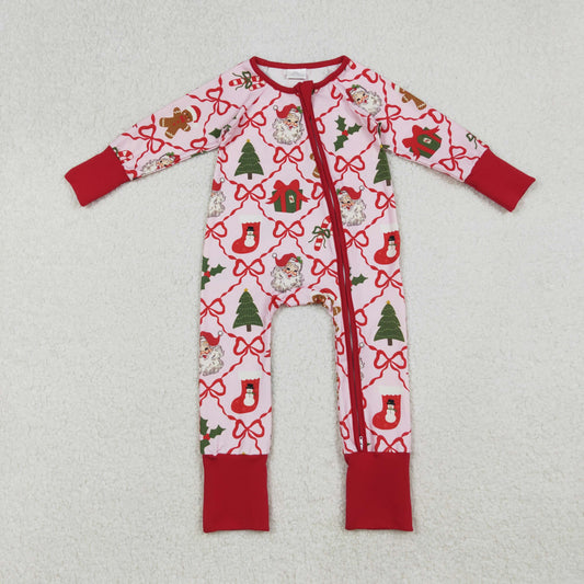 LR2632 Christmas tree Santa bows red zipper long sleeve girls romper