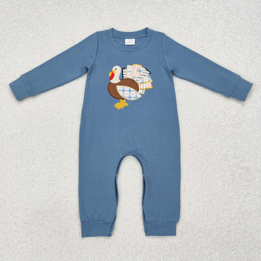 embroidery LR1505 Thanksgiving turkey blue long sleeve boys romper