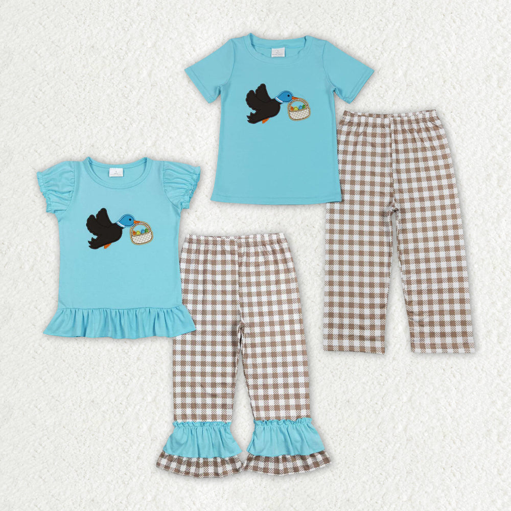 embroidery Easter egg mallard blue short sleeve checkered pants set RTS sibling clothes