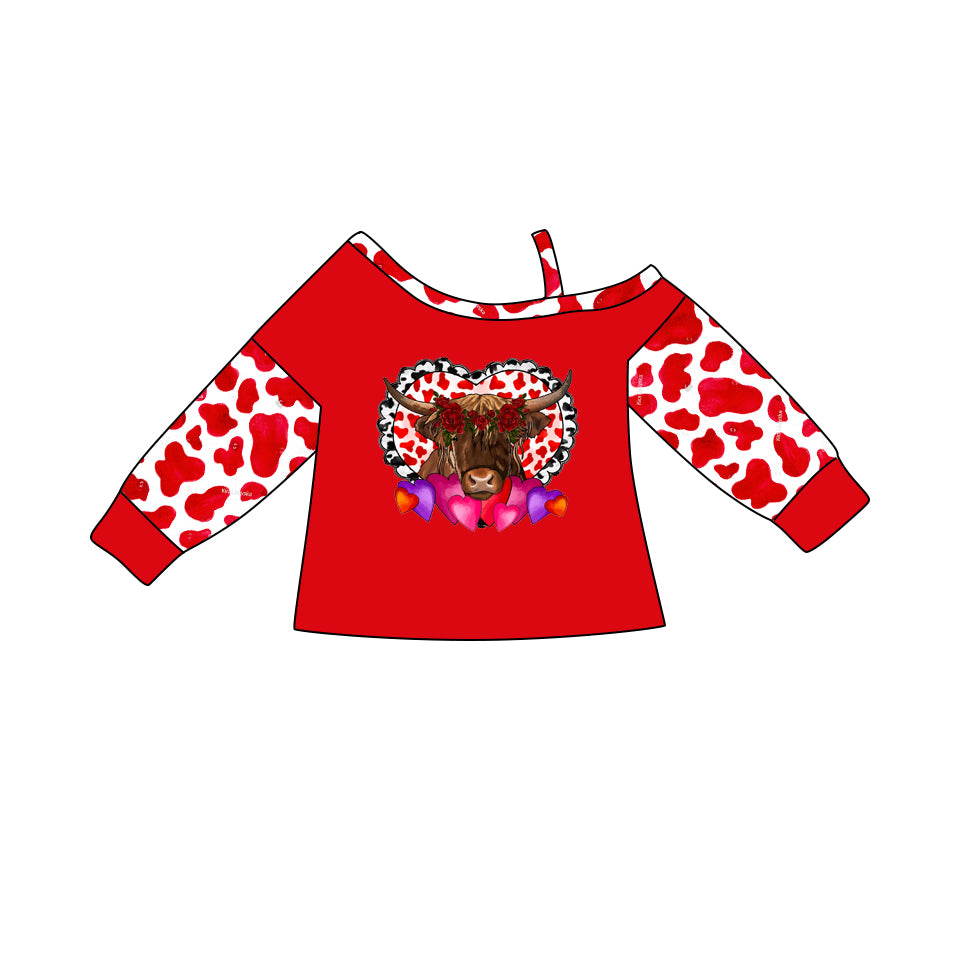 preorder GT0417 Valentine's Day Heart Highland Cow Red Cow Print Long Sleeve Girls Top