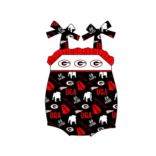 custom S UGA black red ruffles lace-up girls romper