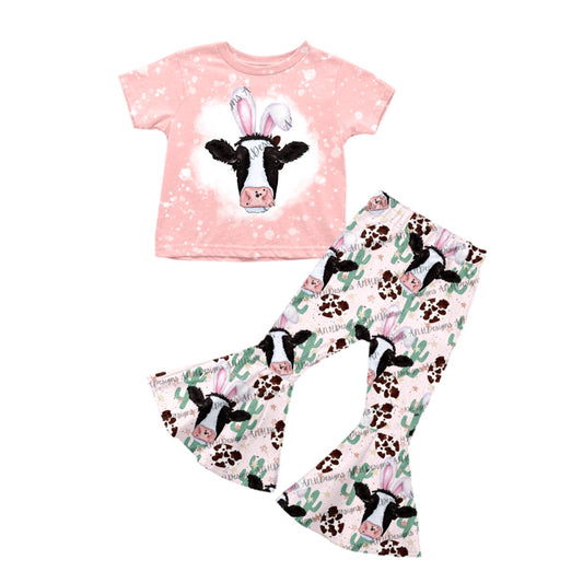 preorder GSPO1152 Western Cow Pink Short Sleeve Cactus Pink Pants Girls Set