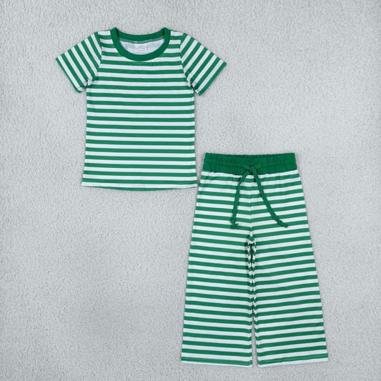 GSPO2383 Green Striped Short Sleeve Pants Girls Set